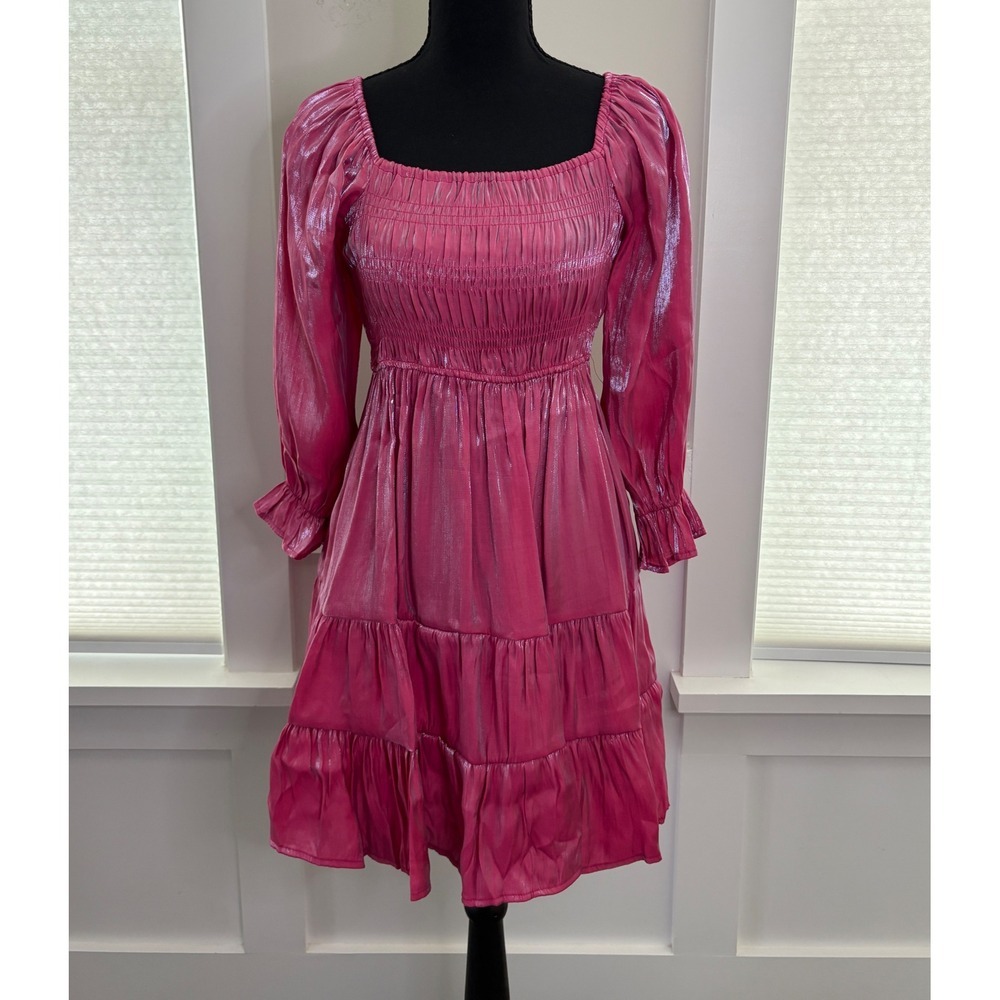 Umgee Pink Metallic Smocked Tiered Mini Dress SM